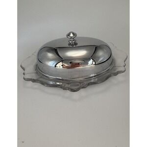 Vintage Cambridge Glass Butter Dish Silver Plated Lid‎ Original Label